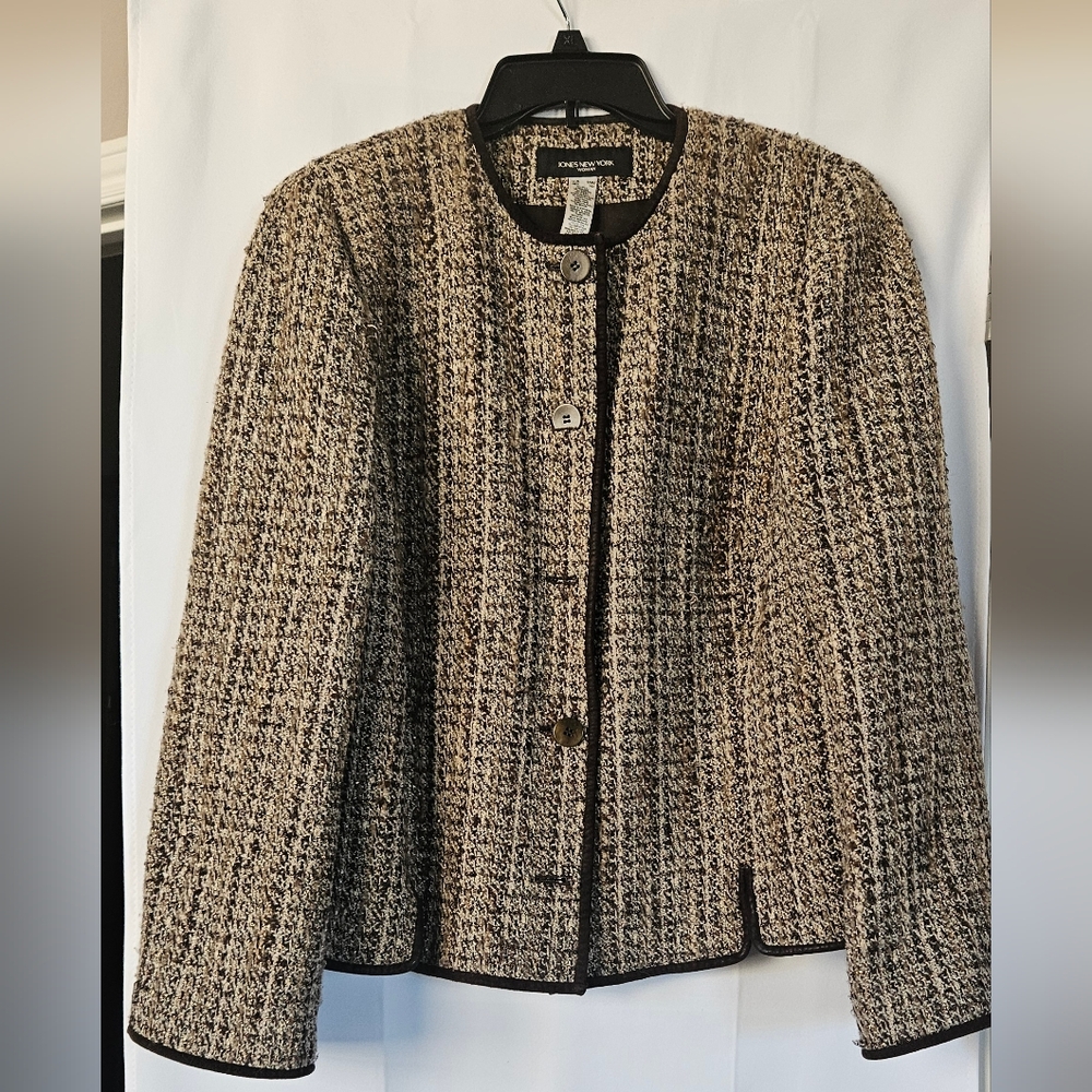 Jones New York Womens Wool Alpaca Tan Tweed Academia Blazer Size 16